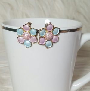 3 for $15 Vtg Gold Tone Painted Flower Earrings